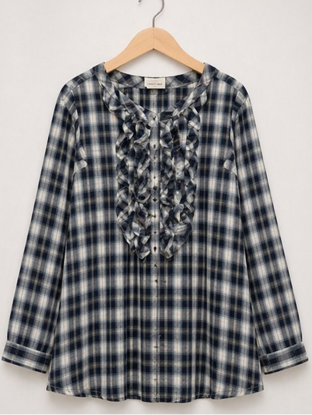 Laurence Doligé Blue White Plaid Ruffle Front Blouse Long Sleeve Women M/L